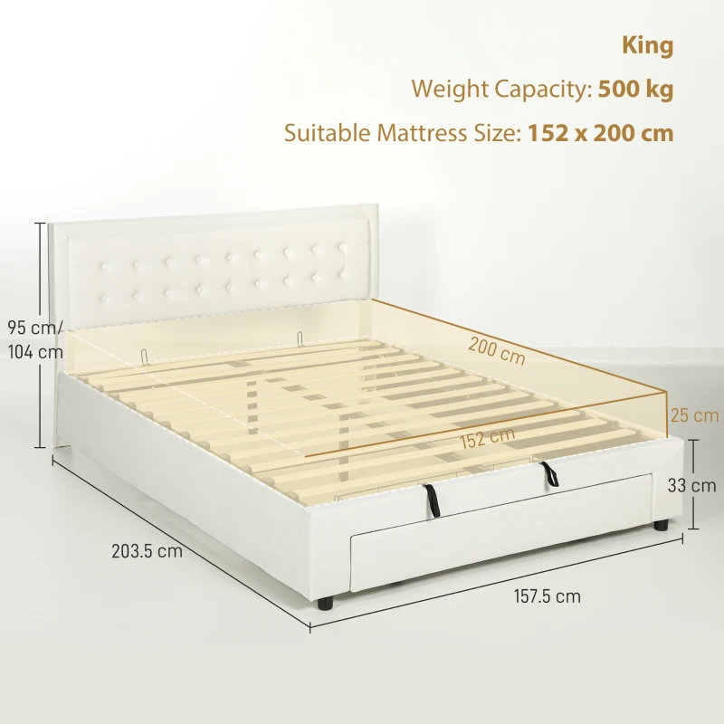 HOMCOM King Size Ottoman Bed Frame, with Front Drawer - Cream