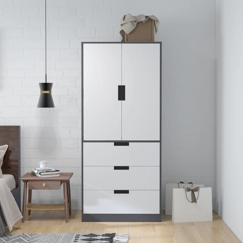 HOMCOM Armoire chambre penderie avec 2 portes à fermeture douce, 3 tiroirs et barre de suspension, 80x50x180cm, gris et blanc