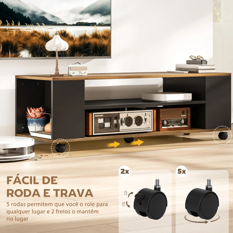 HOMCOM Móvel para TV com Rodas Armário para TV Flutuante com 2 Portas e 2 Prateleiras 120x40x38,5 cm Preto e Nogueira