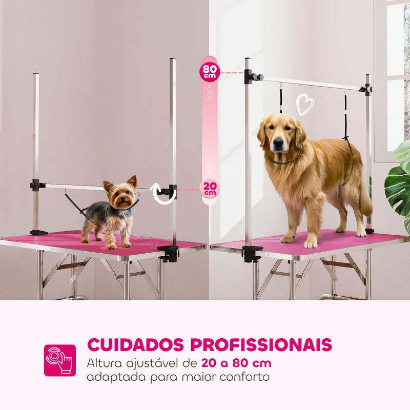 PawHut Mesa de Tosquia para Cães Dobrável Mesa de Higiene com Prateleira Metálica Superfície Antiderrapante 107x60x164 cm, Rosa