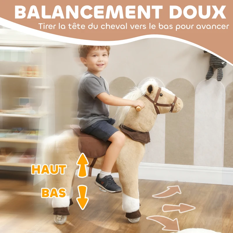 AIYAPLAY Cheval à bascule animal à bascule sur roulettes avec selle et harnais pour enfant de 3 à 5 ans 72 x 32 x 80 cm marron