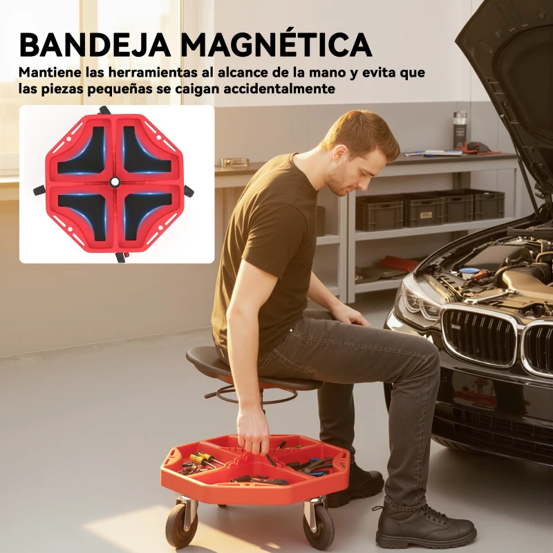 HOMCOM Taburete de Taller Móvil con Bandeja Magnética Ruedas Altura Ajustable de 52–59,5 cm Carga 135 kg para Garaje Rojo