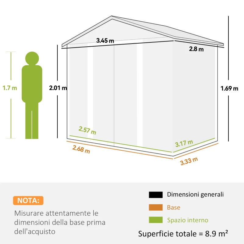Outsunny Casetta porta Attrezzi con Porte Scorrevoli e 4 Prese d'Aria, in Acciaio e PP 196x236x208 cm, Grigio Scuro