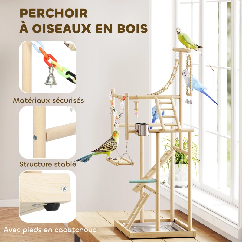 PawHut Aire de jeux pour oiseaux, terrain de jeu pour perroquet, échelles, jouet à chaîne, plateau, 48x38x95cm, bois naturel
