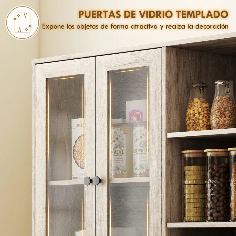 HOMCOM Alacena de Cocina con Vitrinas con 4 Puertas Cierre Suave y Estantes Ajustables, 90x35x172 cm Gris Claro