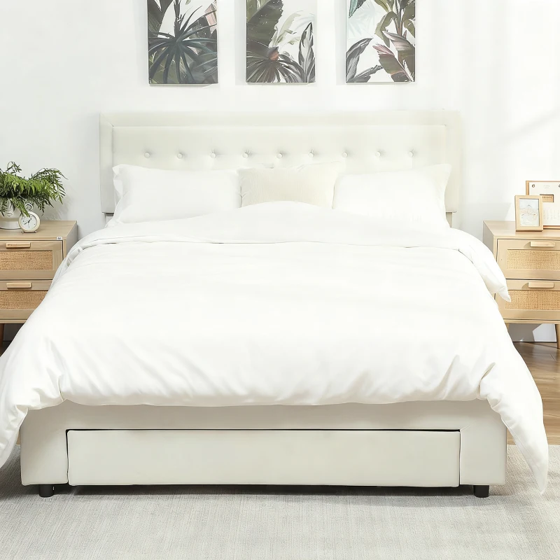 HOMCOM King Size Ottoman Bed Frame, with Front Drawer - Cream