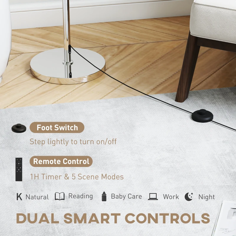 HOMCOM Floor Lamp with Remote, Height Adjustable Standing Lamp with Linen Shade, Dimmable with 3000K-6000K Adjustable Colour Temperatures, Foot Switch for Living Room Bedroom Office, Silver Tone