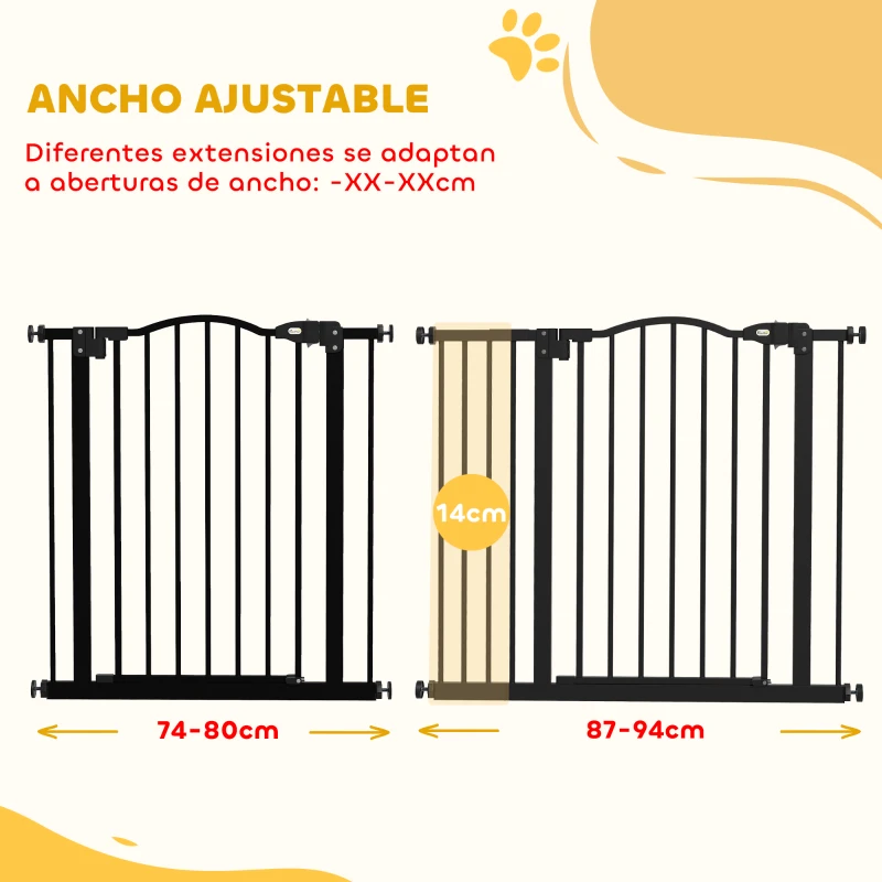 PawHut Barrera de Seguridad para Perros 74-94 cm con Extensión Montaje a Presión Doble Bloqueo para Puerta Escalera Negro