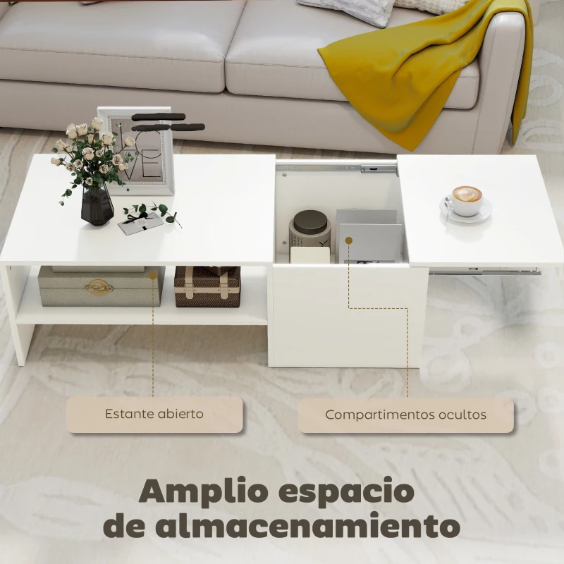 HOMCOM Mesa de Centro con Tablero Deslizante Moderna con Compartimento Oculto Estante Abierto 110x52x36 cm Blanco