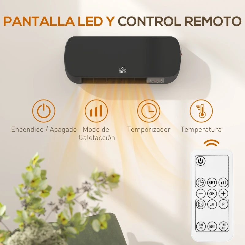 HOMCOM Calefactor Eléctrico de Pared 1000W/2000W Estufa con Pantalla LED y Mando a Distancia 45x18,6x11,5 cm Negro