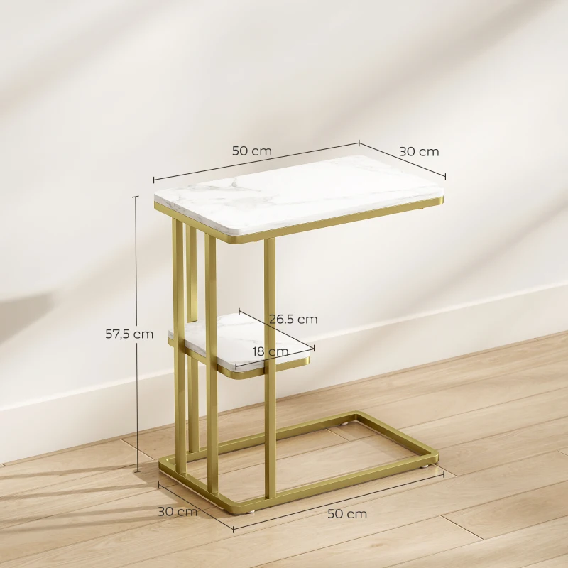 HOMCOM Mesa Auxiliar Estructura en C Estrecha con Estante Mesita de Noche Moderna 50x30x57,5 cm Blanco Efecto Mármol