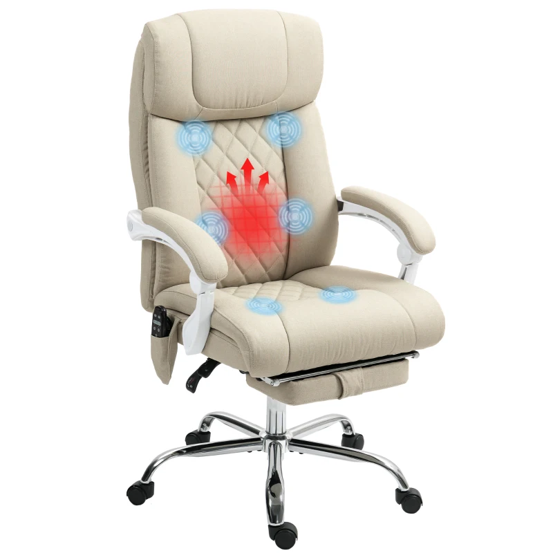 HOMCOM Silla de Oficina de Masaje con Respaldo Alto Reclinable con Calor Lumbar Reposapiés y Ruedas 66x70x112-120 cm Beige