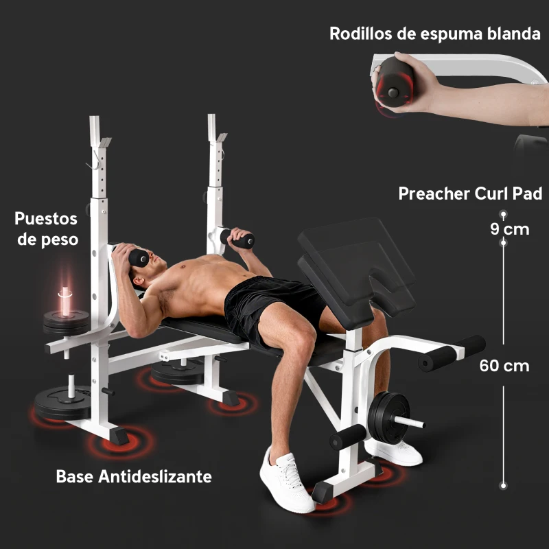 HOMCOM Banco de Musculación Inclinable con Soporte para Barra Ajustable Extensión de Piernas y Curl de Predicador para Gimnasio
