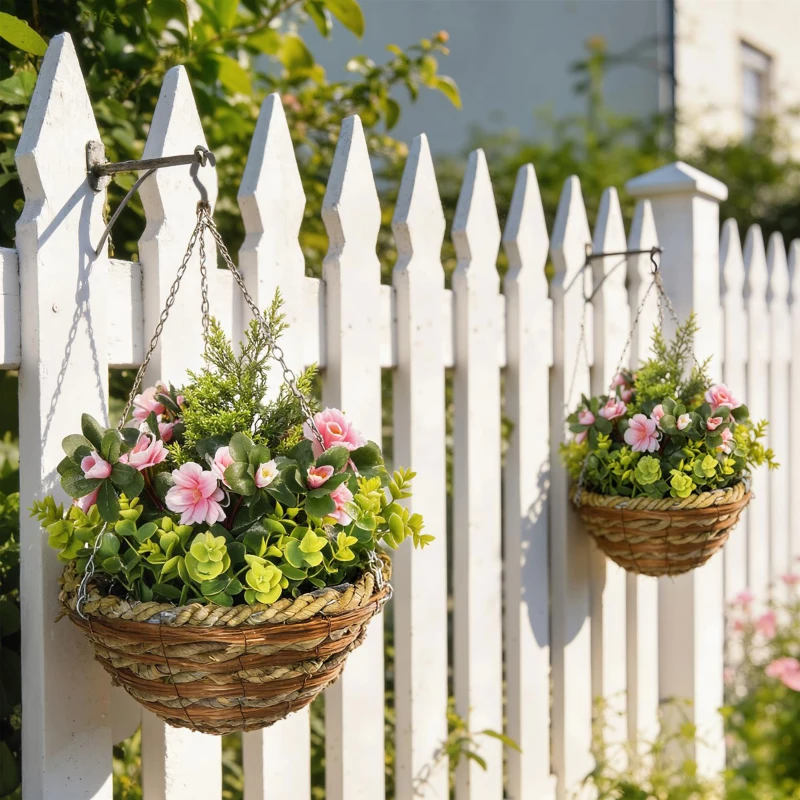 Outsunny Conjunto de 2 Plantas Lisianthus Suspensas Artificiais para Interior e Exterior com Vaso e Vime e Correia Ø25x34 cm Rosa e Verde