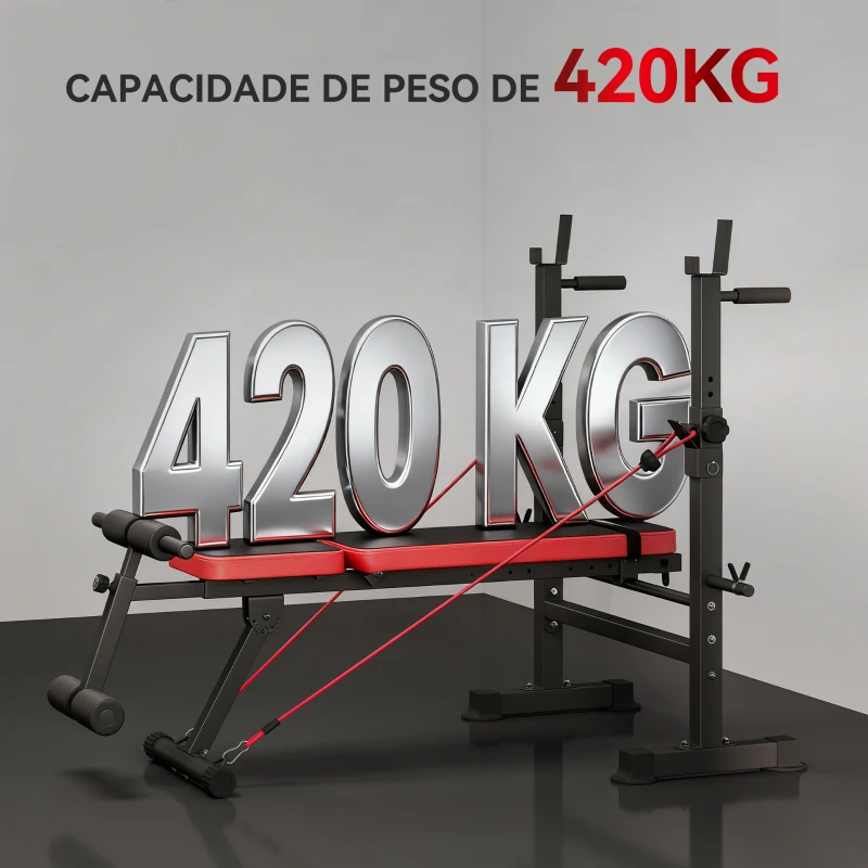 SPORTNOW Banco de Musculação Multifuncional Carga 420 kg Com Suporte para Barras e Encosto Ajustável 147x109x122 cm Preto