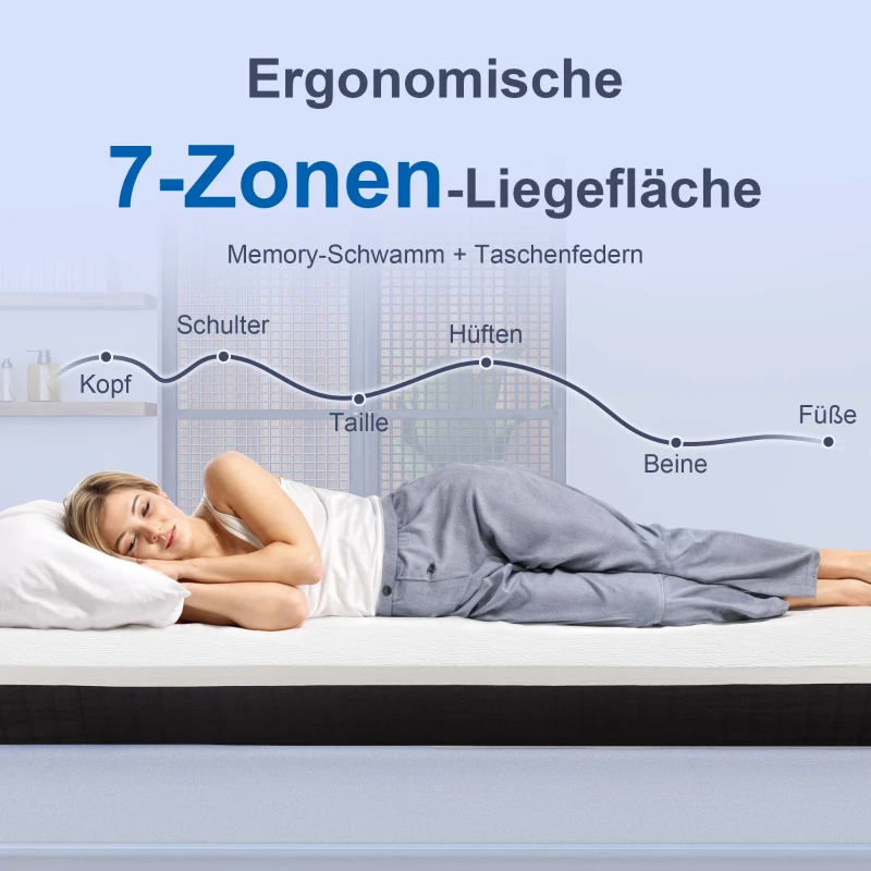 HOMCOM Ergonomische Matratze, Gedächtnis-Schaumstoff, 7-Zonen-Unterstützung, Taschenfedern