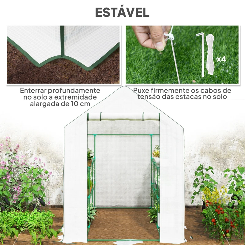 Outsunny Estufa de Jardim de 3 Níveis com 12 Prateleiras Porta Enrolável Janelas Anti-UV Cobertura de PE  140x213x190 cm Branco