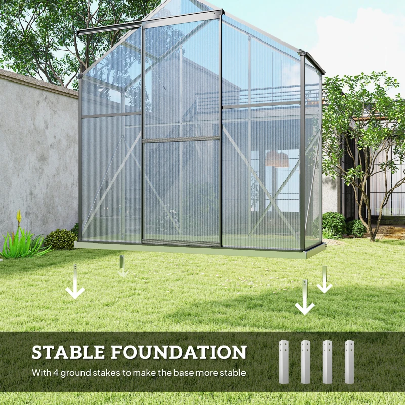 Outsunny 6 x 2.5ft Polycarbonate Greenhouse Walk-In Green House with Rain Gutter, Sliding Door, Window, Foundation, Dark Grey