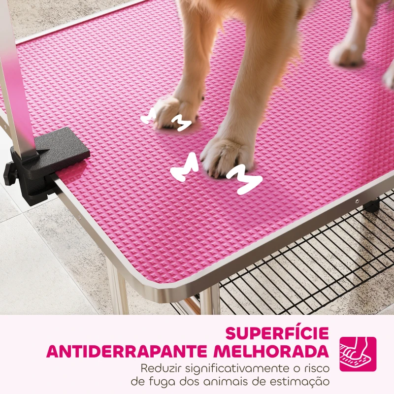 PawHut Mesa de Tosquia para Cães Dobrável Mesa de Higiene com Prateleira Metálica Superfície Antiderrapante 107x60x164 cm, Rosa