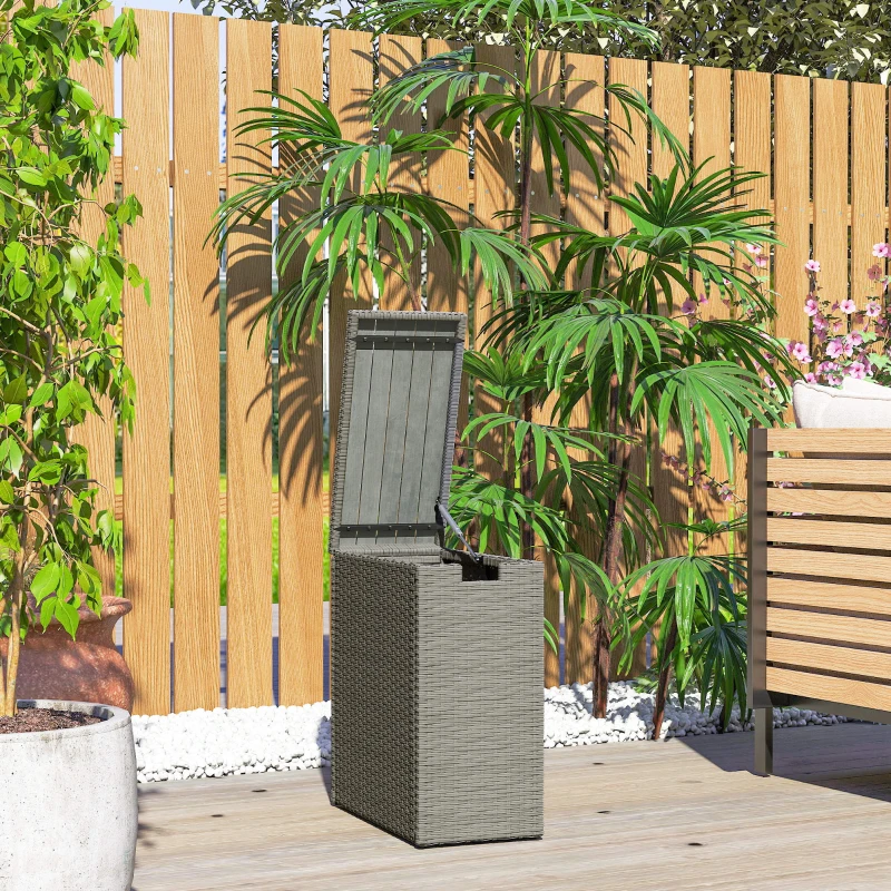 Outsunny Coffre de jardin en résine tressée, coffre de rangement extérieur 66 L avec dessus à lattes 28 x 55 x 60 cm, gris