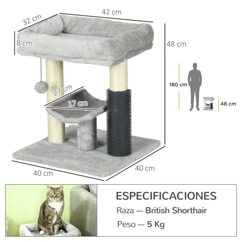 PawHut Árbol para Gatos con Cama Percha Poste Rascador de Sisal y Autolimpiador Diseño Moderno y Compacto 40x40x48 cm Gris