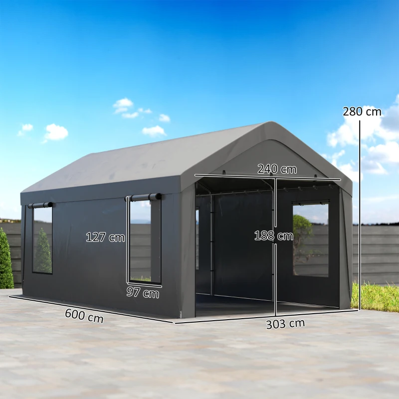 Outsunny Carport tente de garage 3 x 6 m avec parois latérales amovibles, 2 portes enroulables et 4 fenêtres, gris foncé