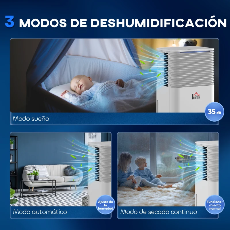HOMCOM Deshumidificador 10L/día Silencioso con 3 Modos Pantalla LED Temporizado 24H Bloqueo Infantil y Drenaje Continuo Blanco