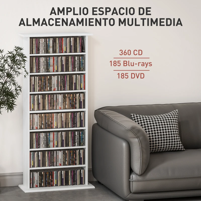 HOMCOM Estantería para CDs y DVDs Estrecha con 8 Compartimentos Estantes Ajustables 58x24x126,3 cm Blanco