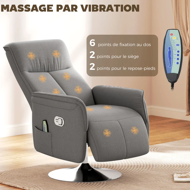 HOMCOM Fauteuil relax massant fauteuil de relaxation inclinable pivotant dossier et repose-pieds réglable 68,5x77x117cm gris(m-7)