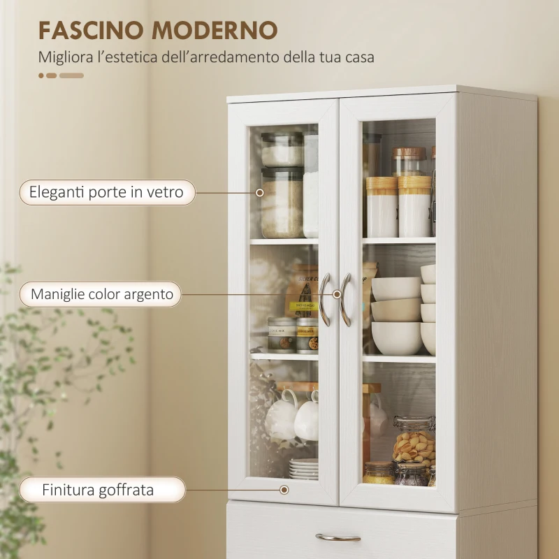 HOMCOM Credenza Cucina con 2 Armadietti e un Cassetto, Mensole Regolabili e Ante in Vetro, 60x35x180 cm, Bianco