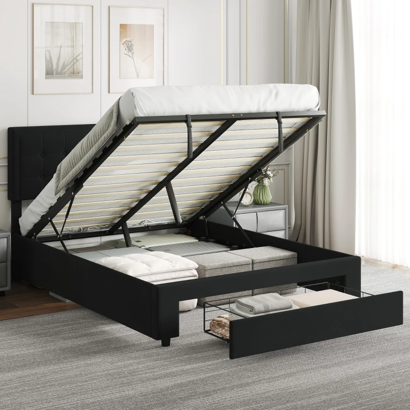 HOMCOM Double Ottoman Bed Frame, with Front Drawer - Black