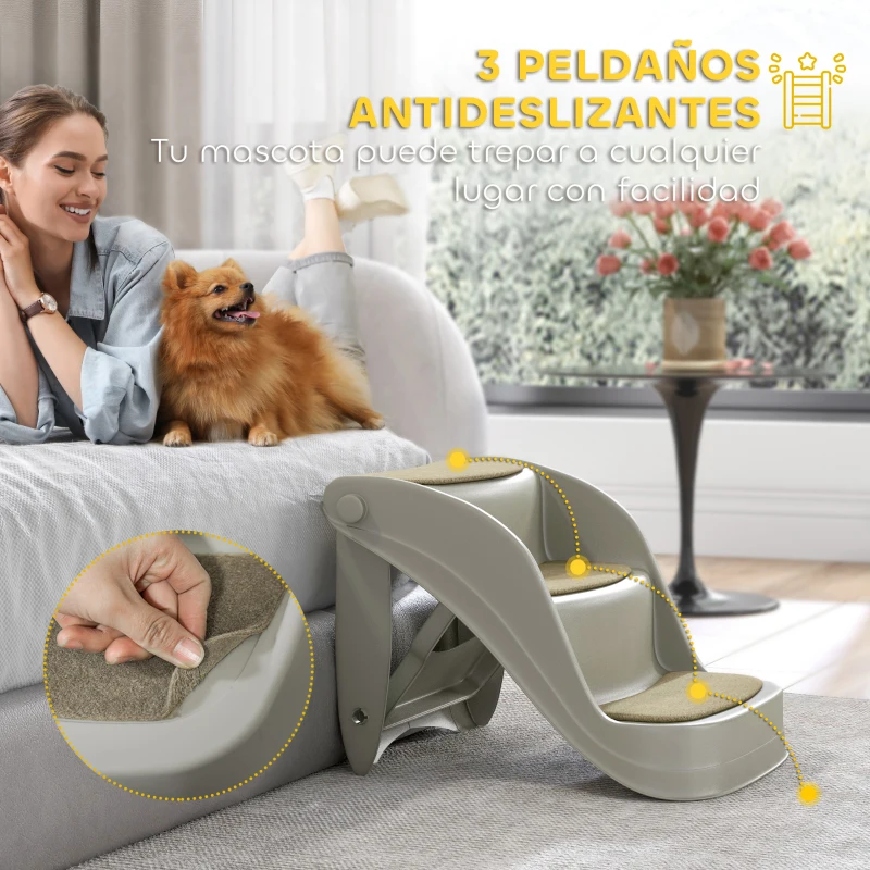 PawHut Escalera para Perros Pequeños Plegable 3 Peldaños Escalones para Perros con Alfombras Antideslizantes 49x38x38 cm Gris