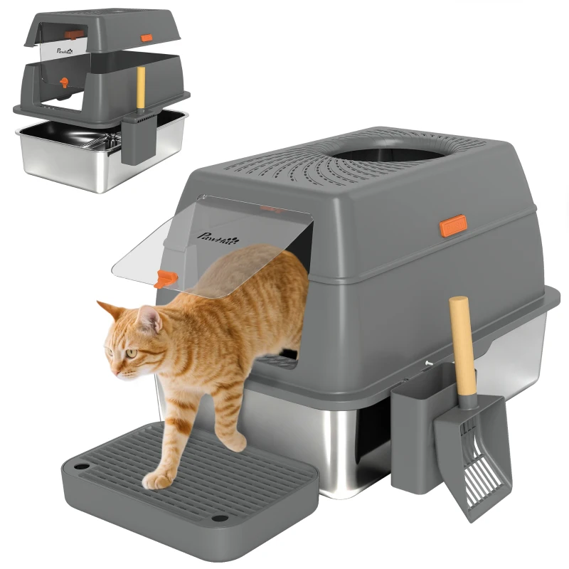 PawHut Bac à litière fermé maison de toilette pour chat acier inoxydable couvercle marche anti-dispersion 60x40x38cm gris foncé