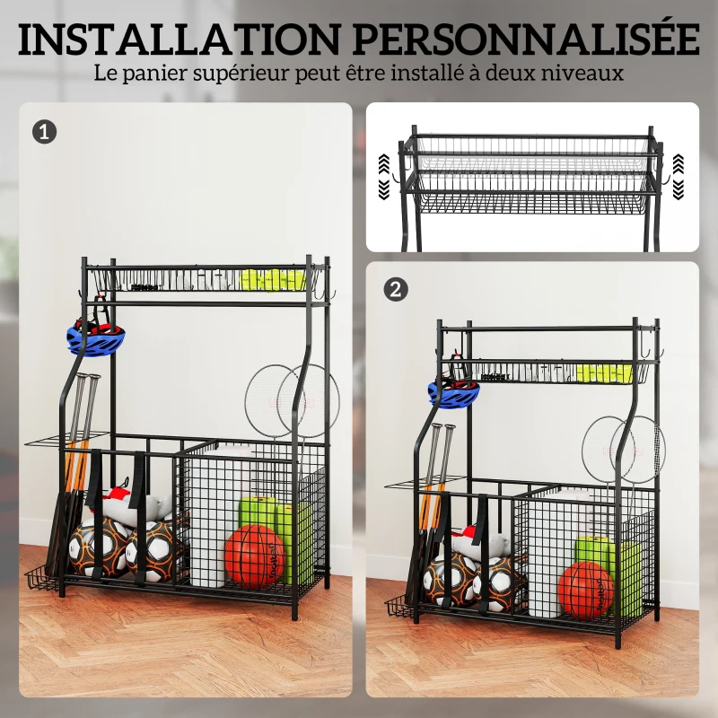 SPORTNOW Rangement d'équipements de sport, avec paniers, crochets amovibles, sangles élastiques, 92 x 42 x 109 cm, noir
