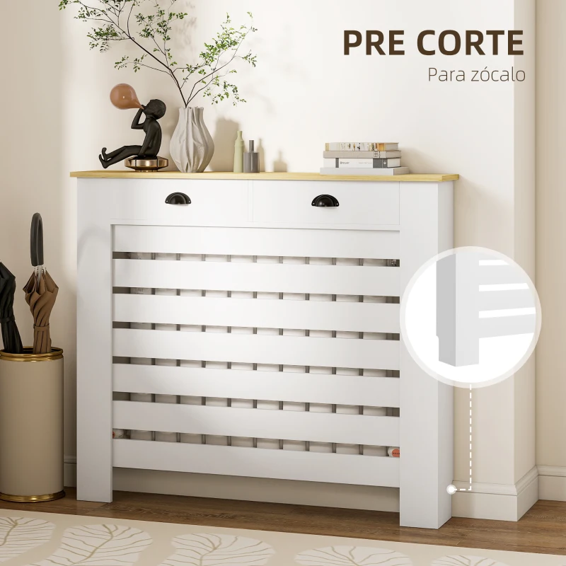 HOMCOM Cubre Radiadores de MDF con 2 Cajones Cubierta para Radiador para Salón Dormitorio Pasillo 111x19x95,5 cm Blanco