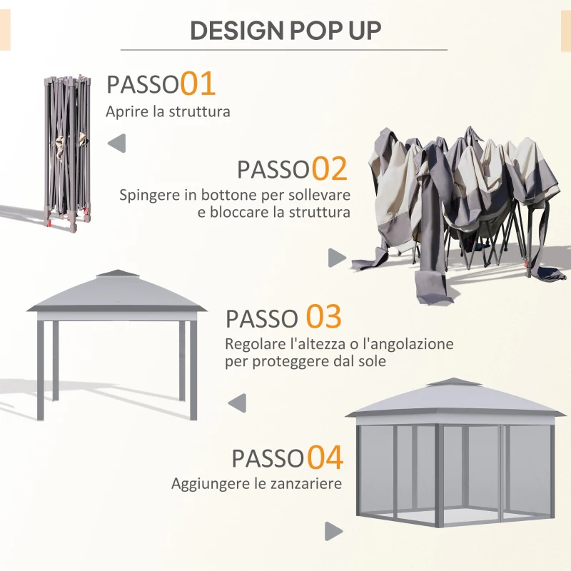 Outsunny Gazebo da Esterno Pieghevole ad Altezza Regolabile con Zanzariere, 3.3x3.3x2.8 m, Grigio