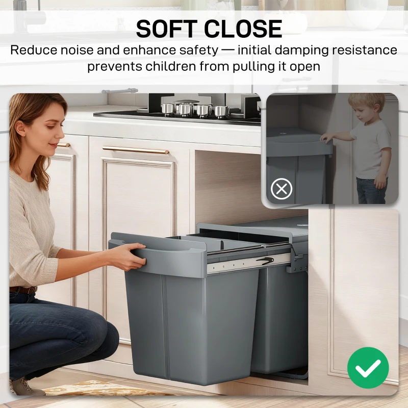 HOMCOM Pull Out Bin with Smooth Glide and Frosted Storage Lid, Kitchen Under Sink Bin with 2 Removable Compartments and Handle for Waste and Recycling, 40L (20L+20L), Grey