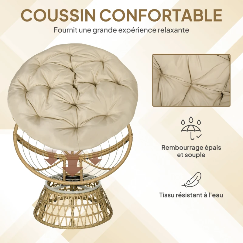 Outsunny Fauteuil papasan en rotin, fauteuil pivotant à 360° avec coussin rembourré, 85 x 70 x 82 cm, kaki