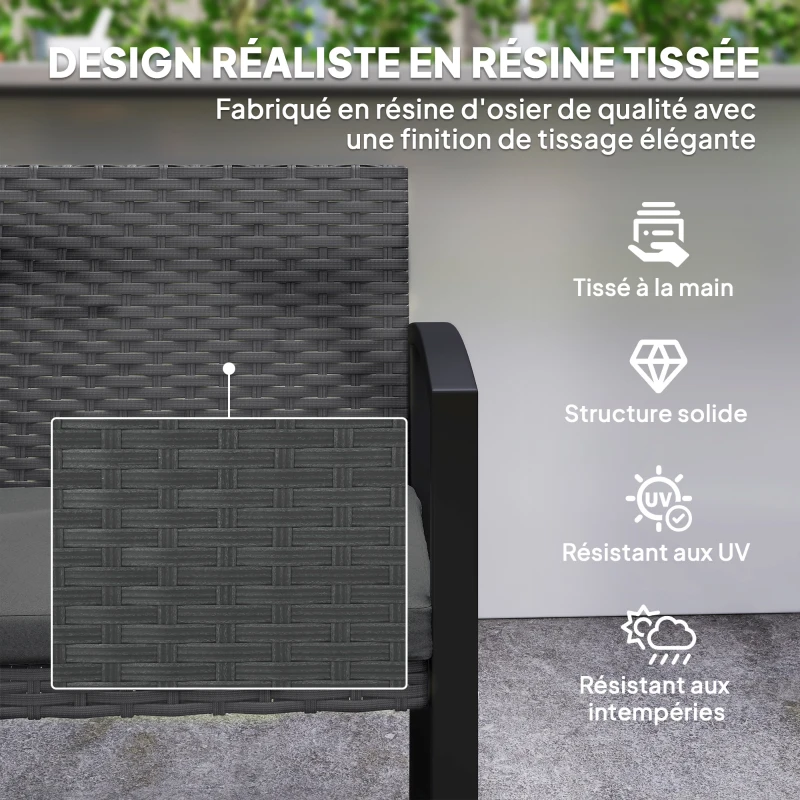 Outsunny Banc de jardin 2 places, banc d'extérieur en résine tressée PE avec coussin, acier galvanisé, 103x58x78cm, gris et noir