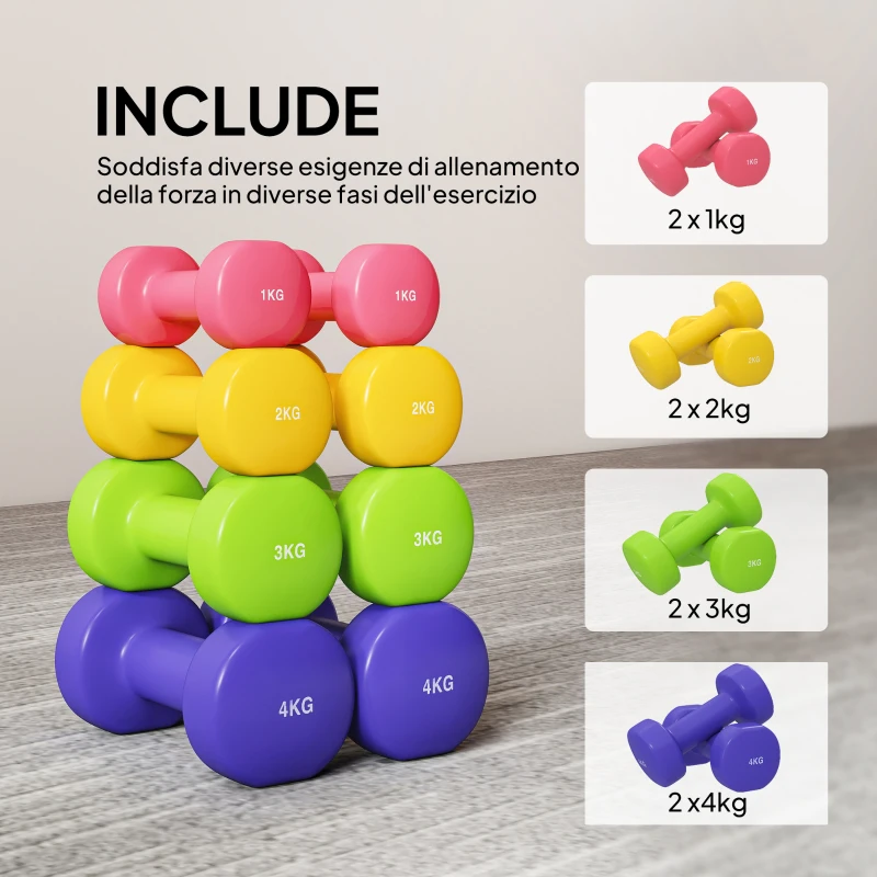 HOMCOM Set 4 Manubri Multiusi Esagonali da 20 kg Totali in Acciaio e PU da 1 a 4kg, Multicolore