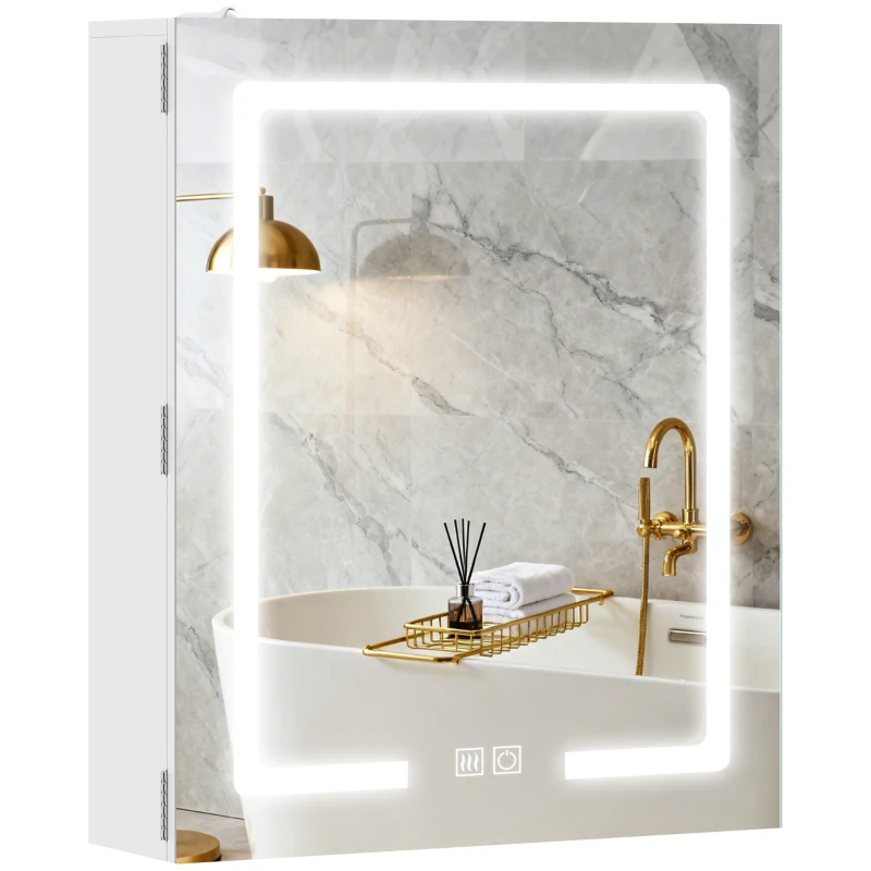 HOMCOM Dulap cu oglindă pentru baie cu iluminare, raft reglabil, ușă, 3 temperaturi de culoare, anti-aburire 50 x 15 x 60 cm Alb