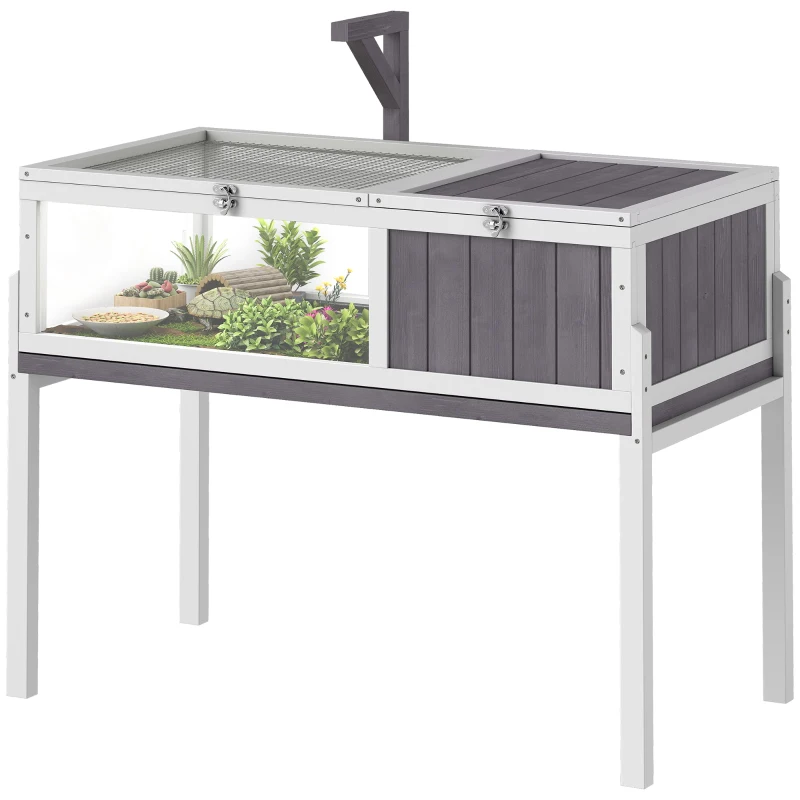 PawHut Casetta Tartarughe Rialzata con Divisorio, Vassoio Estraibile, in Legno e PS, 104x53x82 cm, Grigio e Bianco