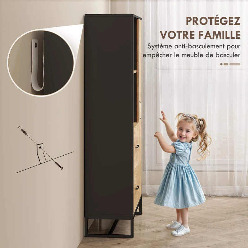 HOMCOM Armoire de cuisine meuble de rangement, 2 tiroirs 1 placard 2 niches et étagères réglables, 88x35x160cm, noir et naturel