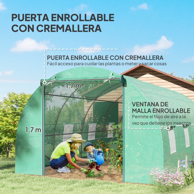 Outsunny Invernadero de Túnel 600x300x200 cm Invernadero de Jardín con Puerta Enrollable 8 Ventanas Cubierta PE 140g/m² y Tubo de Acero para Cultivos Plantas Verduras Verde