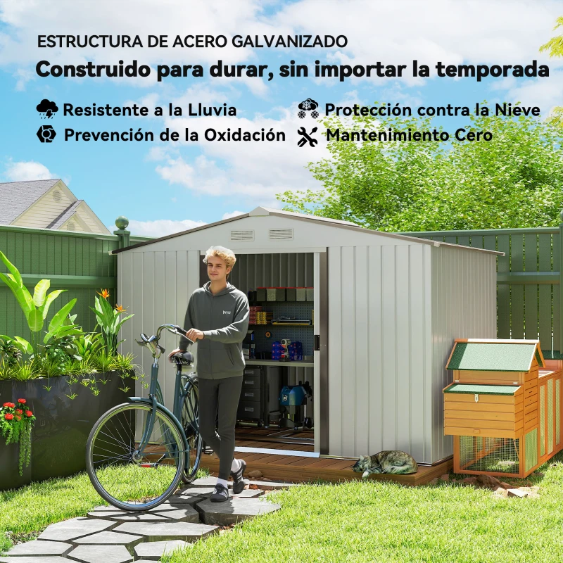 Outsunny Caseta de Jardín 277x195x192 cm Cobertizo de Exterior Metálico para Almacenamiento de Herramientas Plata y Gris