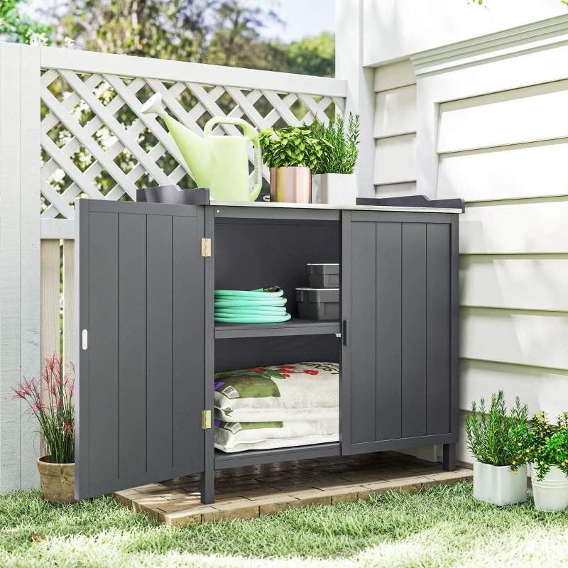 Outsunny Wood Garden Storage Cabinet, Outdoor Tool Shed, Potting Bench Table with Galvanized Top and Two Shelves for Yard Tools or Pool Accessories, Grey