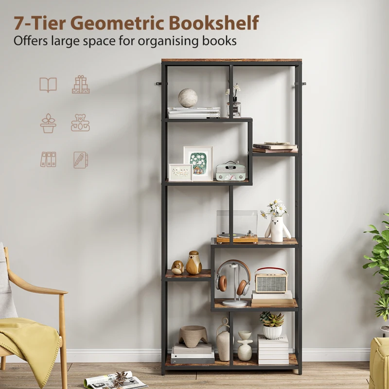 HOMCOM Seven-Tier Geometric Bookcase - Brown/Black