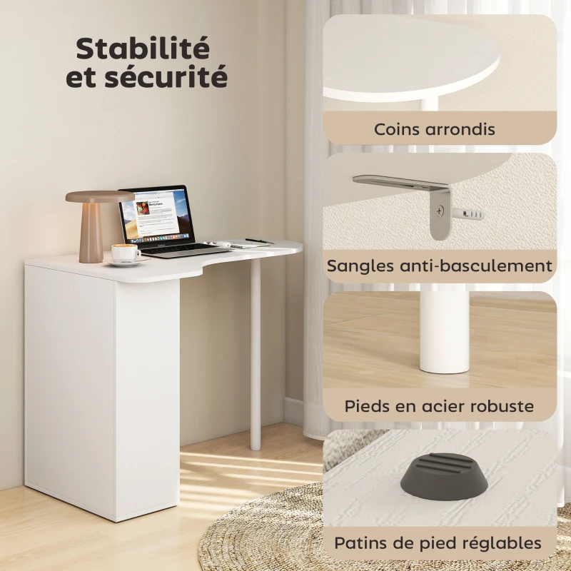 HOMCOM Bureau irrégulier table d'ordinateur 100 x 59 cm avec 6 compartiments, 4 étagères réglables et cadre en acier, blanc