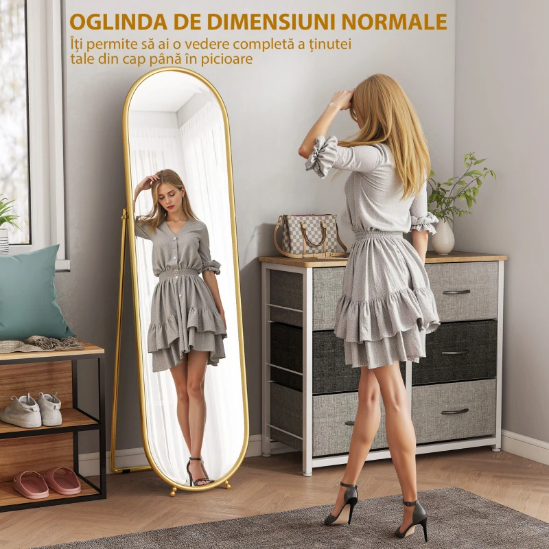 HOMCOM Oglindă Înaltă cu Cadru de Susținere, Oglindă Ovală pentru Dormitor sau Living, 40x4x160 cm, Auriu