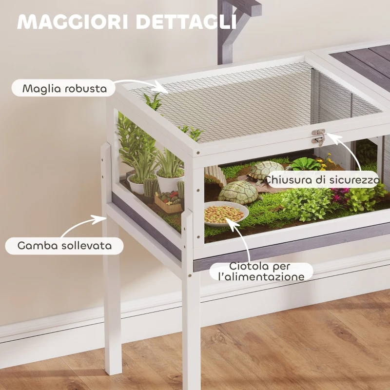 PawHut Casetta Tartarughe Rialzata con Divisorio, Vassoio Estraibile, in Legno e PS, 104x53x82 cm, Grigio e Bianco
